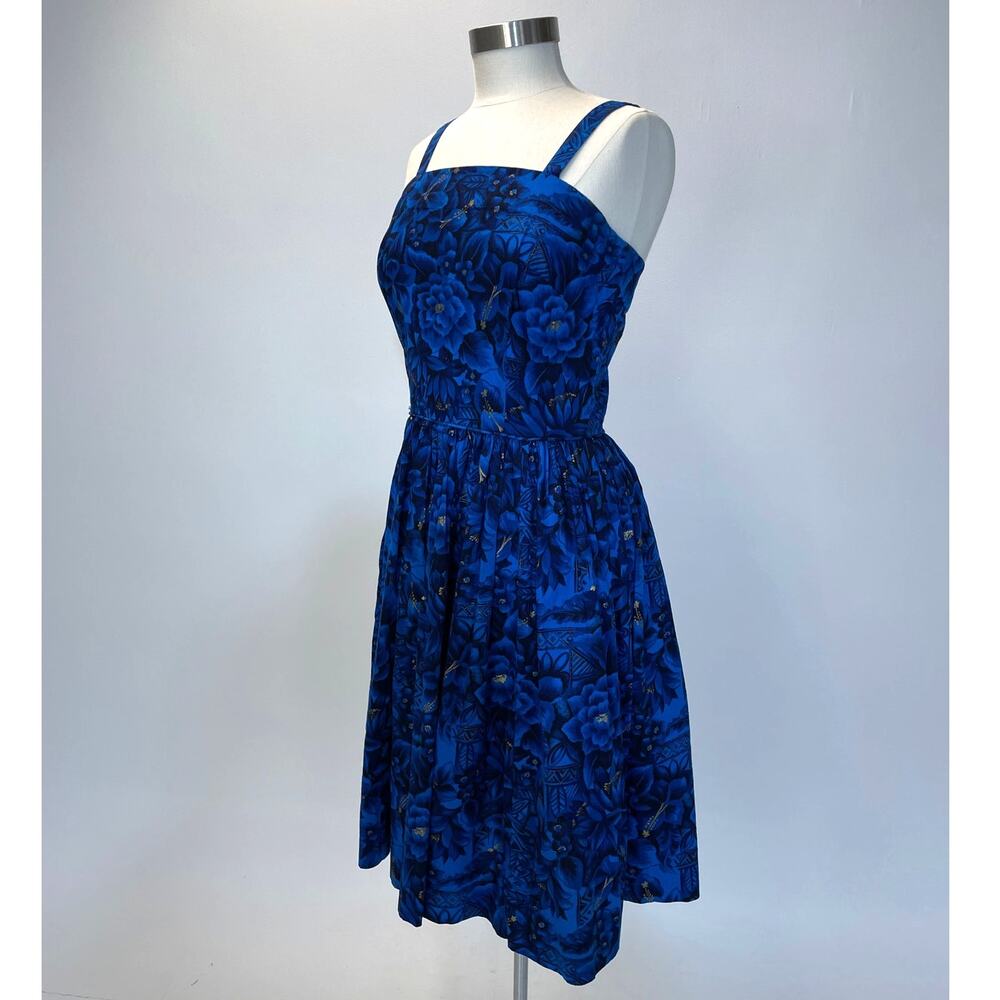 Vintage 60s Blue Hawaiian Fit Flare Dress / Sz S Pin Up Retro Tiki Full Skirt